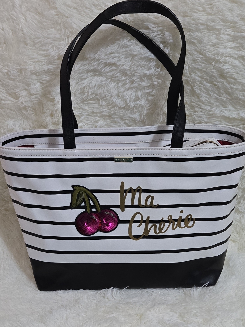 kate spade White and Black Striped 'Ma Cherie' Tote with Pink Sequin Cherries